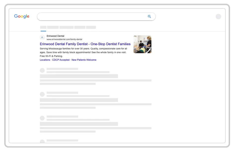 The same Erinwood Dental Google ad on desktop