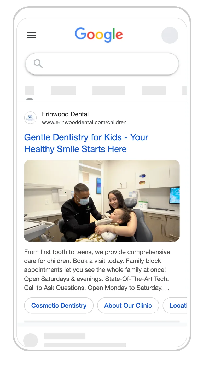 Real MarSimple Google ad for Erinwood Dental