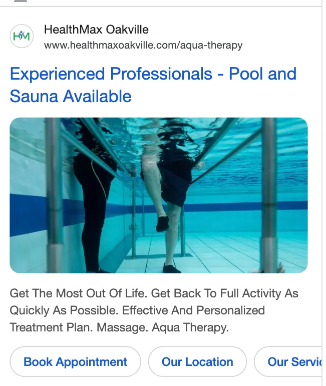Real MarSimple Google ad for HealthMax Physiotherapy, Oakville