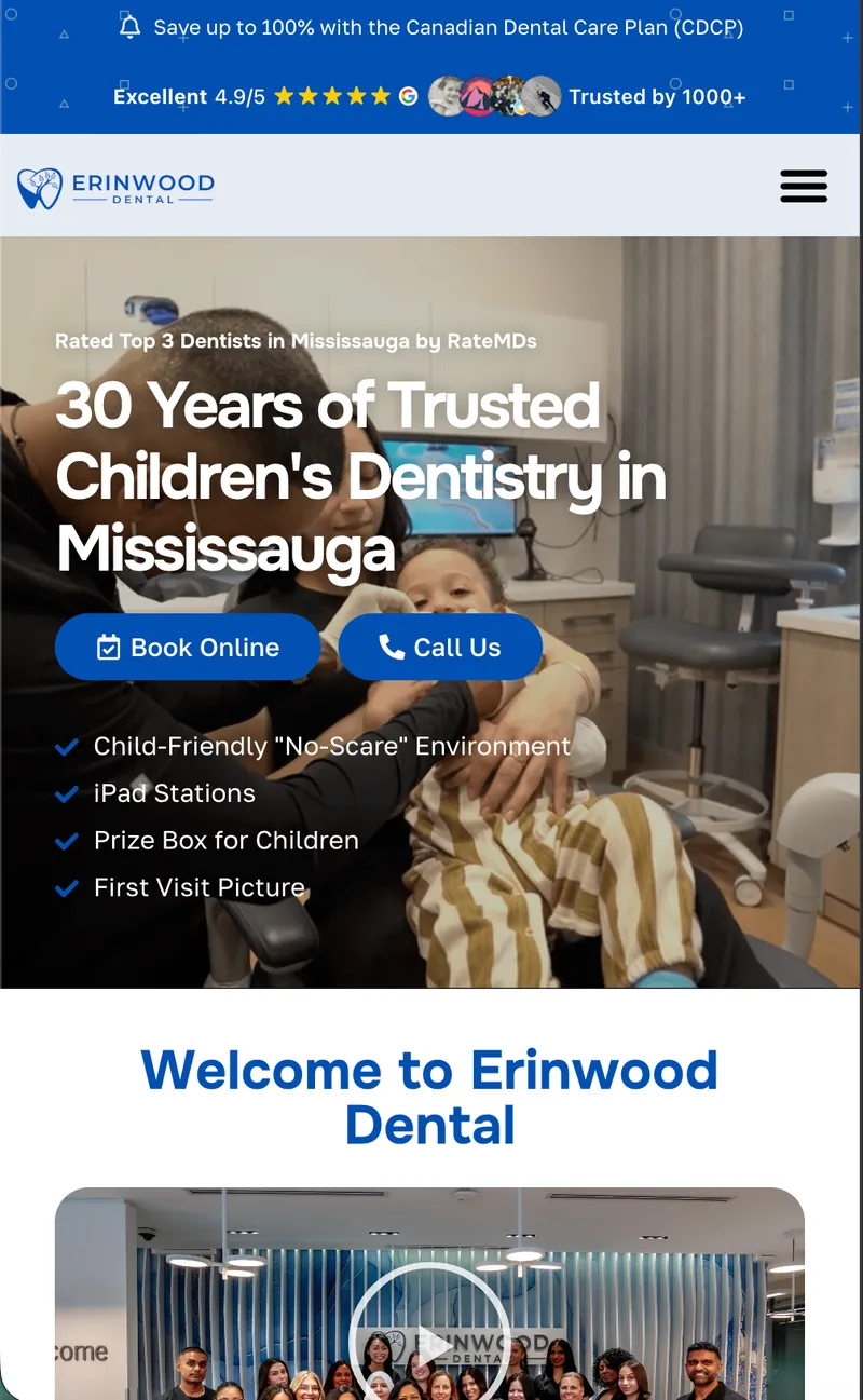Erinwood Dental mobile landing page with original photography