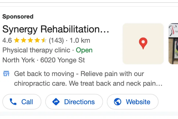Real sponsored Google Maps ad for Synergy Rehabilitation